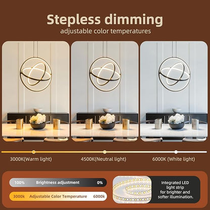 Modern LED Chandelier 3 Rings Black Circle Hanging Pendant Lighting Dimmable Round Ring Kitchen Island Chandelier Creative DIY for Dining Living Room Bedroom Height Adjustable