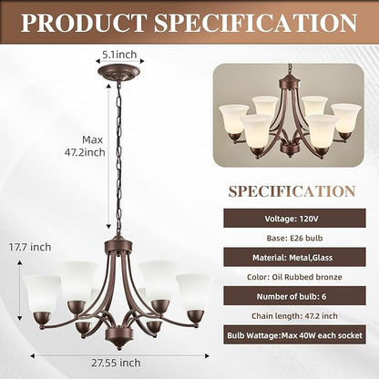 6 Light Oil Rubbed Bronze Dining Room Light Fixture Farmhouse Modern Chandelier Pendant Light Bronze 47.2''Adjustable Ceiling Hanging Lighting with Frosted Glass for Kitchen Island Living Room Foyer