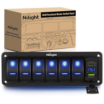 Nilight 6 Gang Rocker Switch Panel with PD Type C and USB Charger Voltmeter 12V SPST ON Off w/Blue Backlit Waterproof Aluminum Toggle Switches for Boats Cars RVs Trucks
