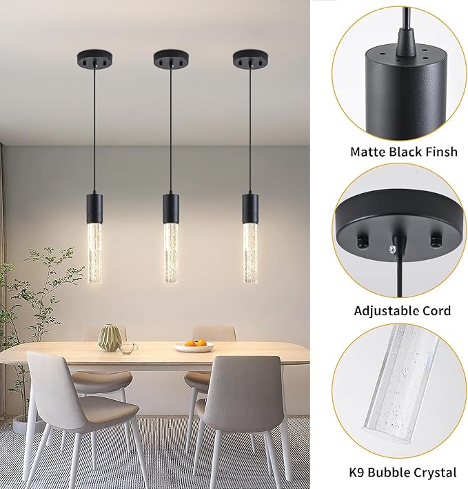 Black Pendant Lights Kitchen Island, Crystal Bubble Pendant Lights, Adjustable Modern Pendant Light Fixtures for Dining Living Room Bedroom 3 Pack