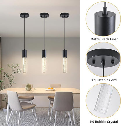 Black Pendant Lights Kitchen Island, Crystal Bubble Pendant Lights, Adjustable Modern Pendant Light Fixtures for Dining Living Room Bedroom 3 Pack