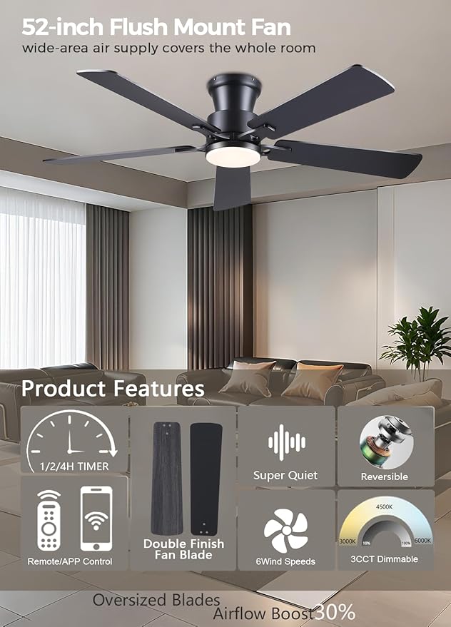 JSAITEE Ceiling Fans with Lights - Flush Mount Low Profile Flush Mount Ceiling Fans,DC Reversible Motor, 3CCT Dimmable, Noiseless, 6 Speeds Black Modern Ceiling Fan for Indoor/Outdoor
