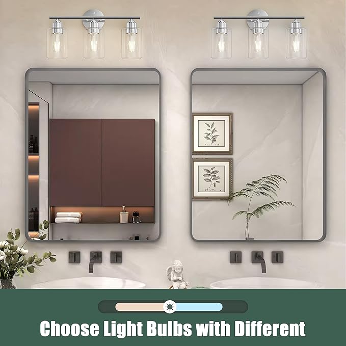 Bathroom Vanity Light Fixtures Polished Chrome Bathroom Lighting Fixture, 3 Lights Bathroom Light Fixture Over Mirror, Modern Black Vanity Light, Wall Sconces with Glass Shades