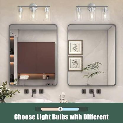 Bathroom Vanity Light Fixtures Polished Chrome Bathroom Lighting Fixture, 3 Lights Bathroom Light Fixture Over Mirror, Modern Black Vanity Light, Wall Sconces with Glass Shades