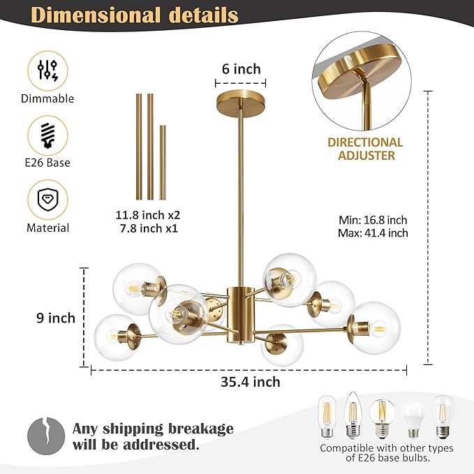 Bagood 8-Light Globe Sputnik Chandelier Modern Gold Sputnik Chandelier Mid Century Globe Pendant Light Brushed Brass Finished with Clear Glass Lampshade Chandeliers for Kitchen Bedroom