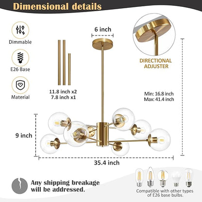 Bagood 8-Light Globe Sputnik Chandelier Modern Gold Sputnik Chandelier Mid Century Globe Pendant Light Brushed Brass Finished with Clear Glass Lampshade Chandeliers for Kitchen Bedroom