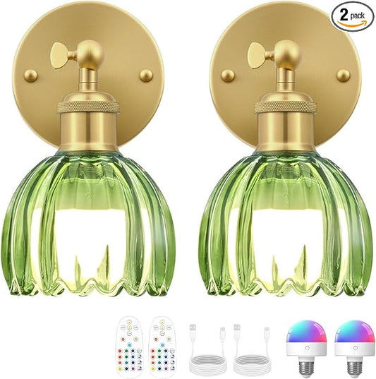 Vintage Battery Operated Wall Sconce, Green Tulip Glass Lampshade Wireless Rechargeable Battery Powered LED Wall Light with Remote Dimmable for Bedside Bedroom Doorway Living Room, Set of 2