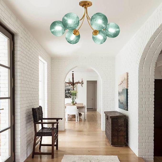 Mid Century Modern Chandeliers 6-Light Glass Gold Chandeliers Hanging Sputnik Chandelier with Green Globe Shade Vintage Ceiling Light Fixtures for Dining Room Living Room Bedroom