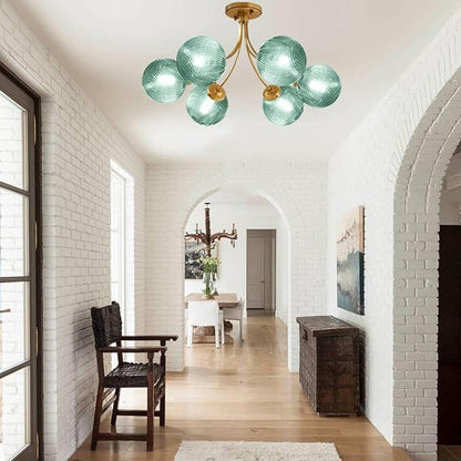 Mid Century Modern Chandeliers 6-Light Glass Gold Chandeliers Hanging Sputnik Chandelier with Green Globe Shade Vintage Ceiling Light Fixtures for Dining Room Living Room Bedroom