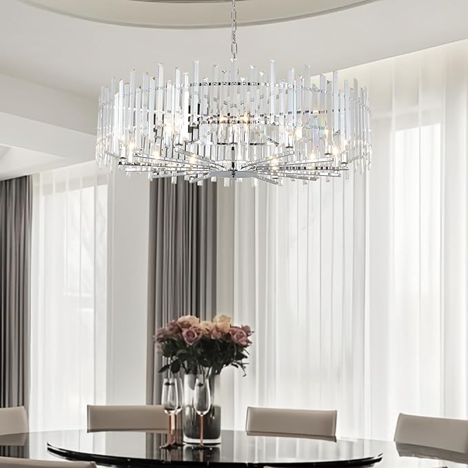 Modern Crystal Chandelier Chrome, 39.4" Large Round Dining Room Chandelier Luxury Top K9 Hanging Pendant Light Fixture for Living Room Bedroom Entryway
