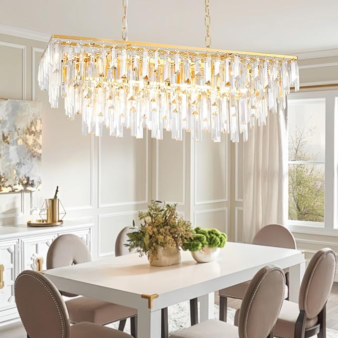 Modern Gold Rectangle Chandelier, 10 Lights Linear Luxury Crystal Chandelier Top K9 Crystal Rectangular Ceiling Pendant Light Fixture for Dining Room Kitchen Table Living Room