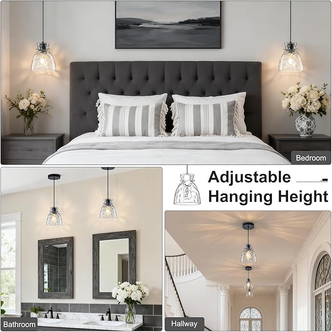 Hammered Glass Black Pendant Lights Kitchen Island 2 Pack, 5.9” Small Farmhouse Pendant Light Fixtures, Adjustable Modern Hanging Lighting Kitchen Pendant Lights over Island Sink Bathroom Dining Room