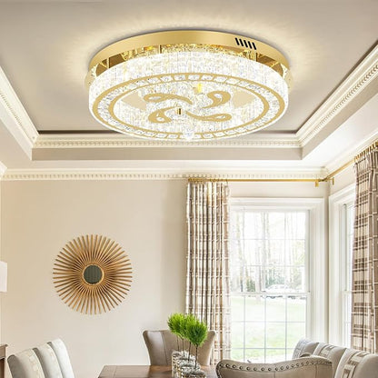 24'' Gold Modern Crystal Chandelier LED Dimmable Flush Mount Crystal Ceiling Light for Living Room Bedroom Dining Room