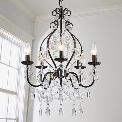 Saint Mossi 5-Lights Crystal Chandelier, Farmhouse Pendant Light Fixtures, H24 x D17,Chain Adjustable Max 59", Black Finish