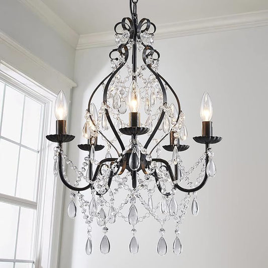 Saint Mossi 5-Lights Crystal Chandelier, Farmhouse Pendant Light Fixtures, H24 x D17,Chain Adjustable Max 59", Black Finish