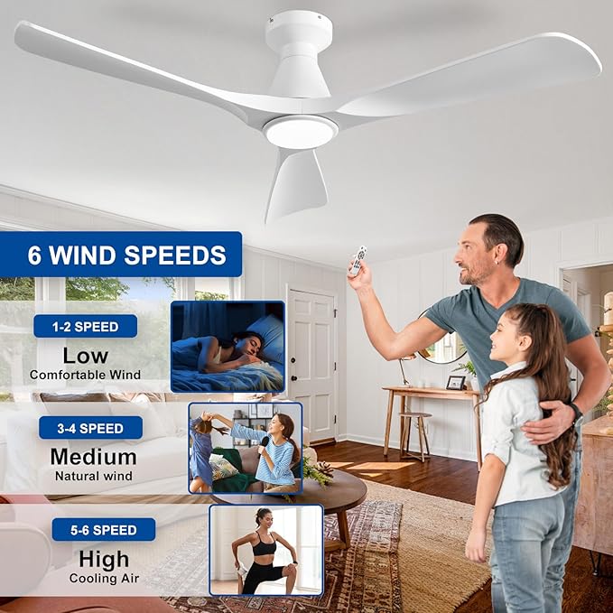 DLLT 52-Inch Ceiling Fans with Lights: Flush Mount Ceiling Fan 3 Blades for Indoor Outdoor - White Ceiling Fan with Remote APP Control Noiseless for Low Profile Bedroom