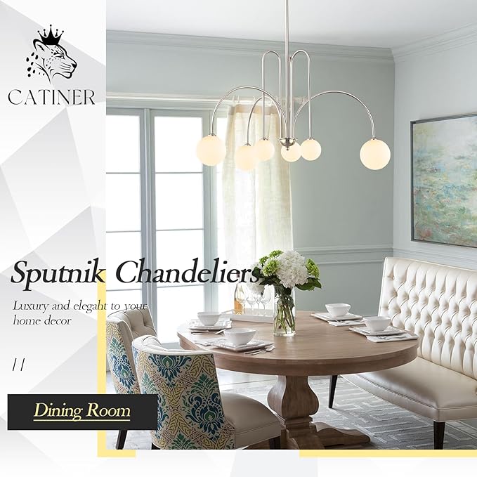Brushed Nickel Sputnik Chandelier,Modern 6 Lights Chandelier Large L40”Mid Century Long Ceiling Pendant Light Fixtures for Dining Room with Milk Glass Globe Shades for High Ceiling Foyer Living Room