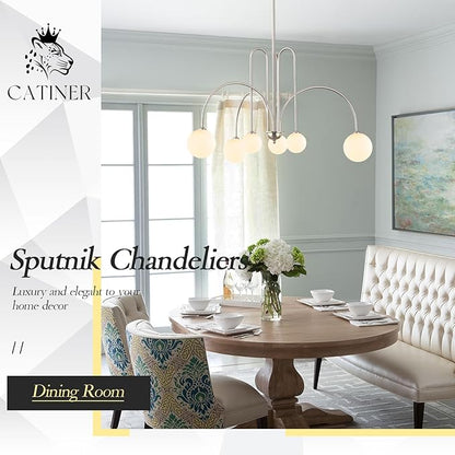 Brushed Nickel Sputnik Chandelier,Modern 6 Lights Chandelier Large L40”Mid Century Long Ceiling Pendant Light Fixtures for Dining Room with Milk Glass Globe Shades for High Ceiling Foyer Living Room