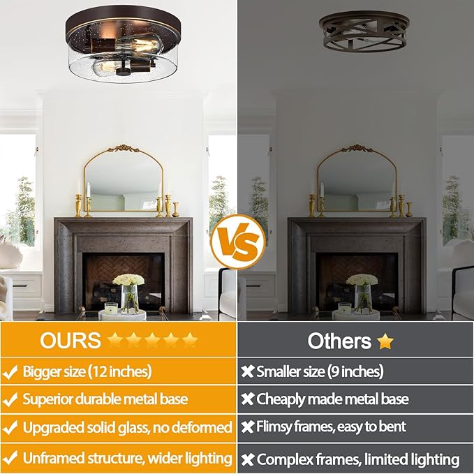 Flush Mount Ceiling Light Fixtures, 2-Light Oil Rubbed Bronze Ceiling Mount for Farmhouse with Seeded Glass Lampshade, Industrial Flush Mount Light Fixture for Hallway, Kitchen, Entryway and Foyer