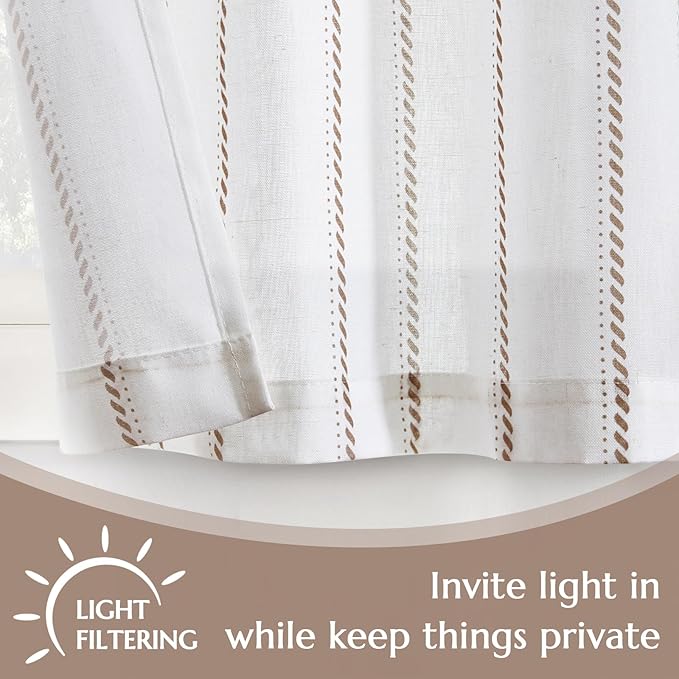 jinchan Linen Striped Kitchen Curtains Tier Cafe Curtains for Living Room Bathroom RV 36 Inch Farmhouse Rustic Half Window Treatment Light Filtering 2 Panels Taupe on White