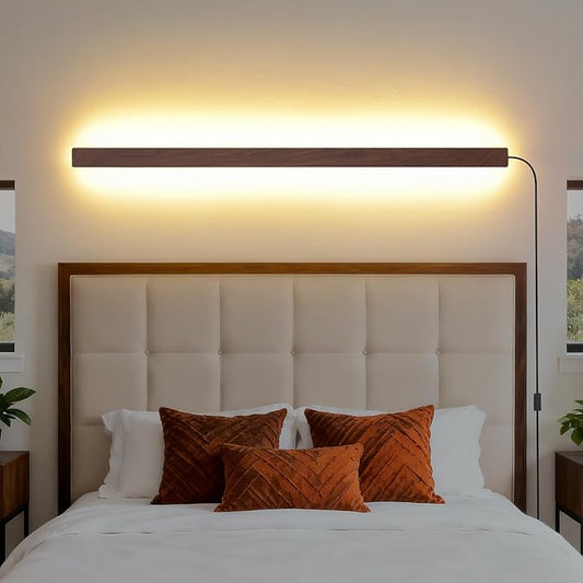 KELUOLY Farmhouse Plug in Long Wall Sconce, 39.3" Faux Walnut Finish LED Wall Lights, 20W Warm White 3000K Acrylic Indoor Wall lamp, with 59" Plug Cable for Bedroom, Living Room, Hallway