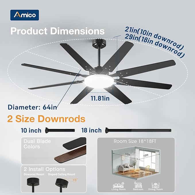 Amico 80 inch Ceiling Fans with Lights,Large Ceiling Fan with Light and Remote Control, Dimmable, 6 Speed Reversible Quiet DC Motor, Black Modern Ceiling fan For Living Room, Bedroom, Kitchen, Patio