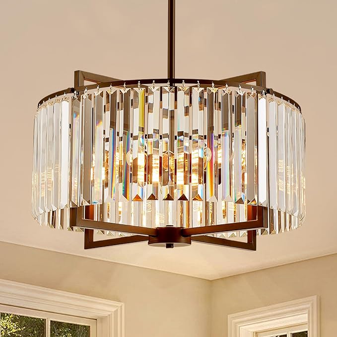 Black Crystal Chandelier Modern Drum Pendant Lighting Fixture for Dining Room, 20" Farmhouse Round 5-Light for Living Room Kitchen Island Bedroom Black