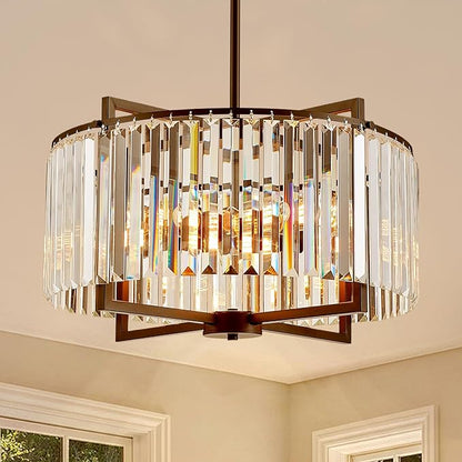 Black Crystal Chandelier Modern Drum Pendant Lighting Fixture for Dining Room, 20" Farmhouse Round 5-Light for Living Room Kitchen Island Bedroom Black