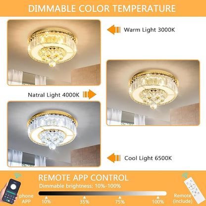 11.8" Gold Modern Crystal Chandeliers for Dining Room LED Dimmable Light Fixtures Flush Mount Light Living Room Bedrooms