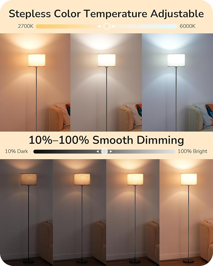 EDISHINE Floor Lamps with 2 Lampshades, 63.7" Modern Standing Lamp with Foot Switch and Remote Control, Stepless Dimmable Minimalist Lamps for Bedroom, Office, (9W LED Bulb Included), Black