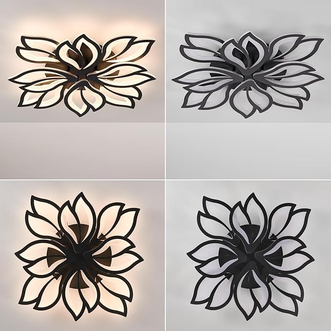 Modern LED Ceiling Light Fixture Dimmable, 28" Black Modern Flower Ceiling Light with Remote Control, Low Profile Flush Mount for Bedroom, Kitchen, Living Room