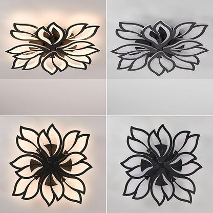 Modern LED Ceiling Light Fixture Dimmable, 28" Black Modern Flower Ceiling Light with Remote Control, Low Profile Flush Mount for Bedroom, Kitchen, Living Room