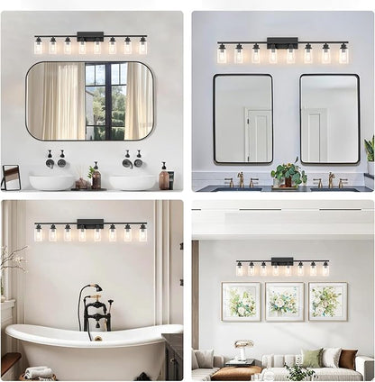 8 Light Black Bathroom Vanity Light Fixture, Long Farmhouse Vanity Lights Over Mirror,Modern Large Bathroom Lighting Wall Light with Clear Glass Globe for Mirror,Living Room,Bedroom