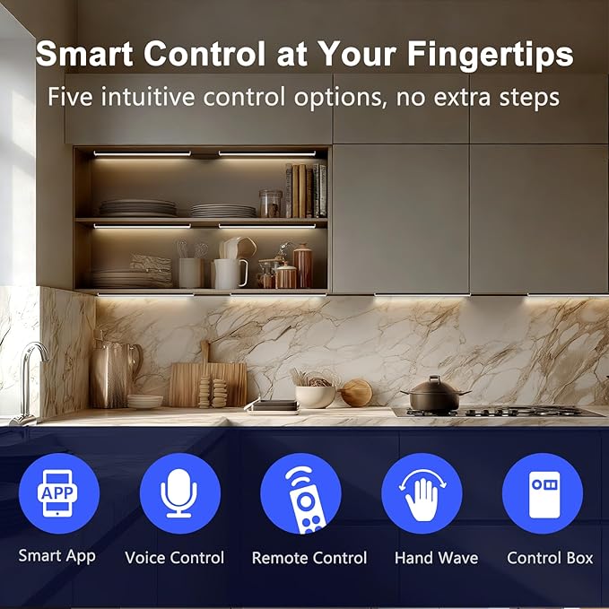 VST Smart Under Cabinet Lighting 6 Bars - UL Listed CRI 93+ Adjustable Strip Lights, Alexa & Google Home Compatible, App/Voice/Hand Wave Control for Kitchen Cabinets & Closets