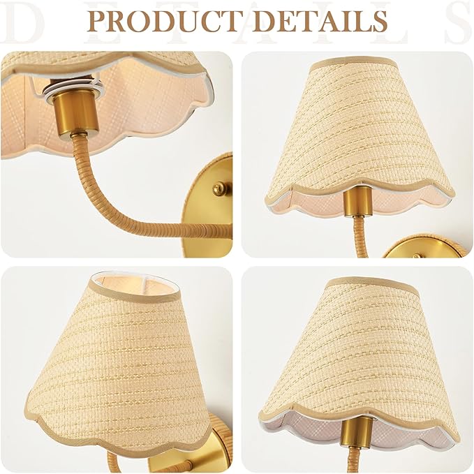 Elycucpa Boho Hand Woven Rattan Wall Sconces Set of Two Rustic Industrial Wall Lamp Brass Farmhouse Wall Lights for Bedroom Living Room Hallway Vanity, Dia 11”, UL Listed