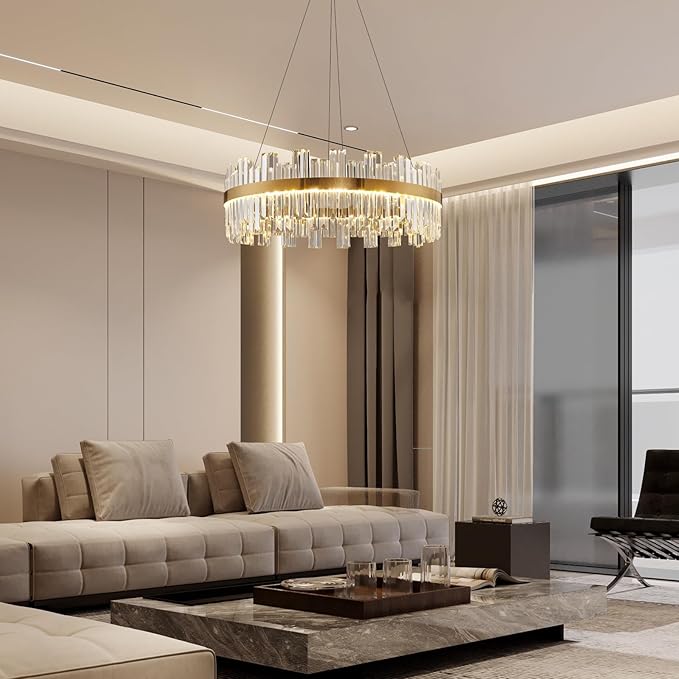 Gold Modern Crystal Led Chandelier: 23.6" Dimmable K9 Crystals Chandeliers over Table - Golden Luxury Glass Round Chandelier - Height Adjustable Drum Chandelier with Remote for Dining Room Living Room