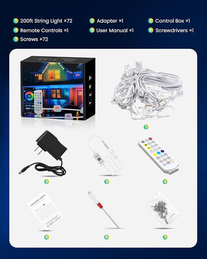 KISUFU 200FT RGB+IC Permanent Outdoor Lights, 24V Year-Round Roof & Eaves Lighting with 221 Modes, App & Remote Control, IP68 Waterproof, Smart Outside Lights for Halloween, Christmas, Holidays