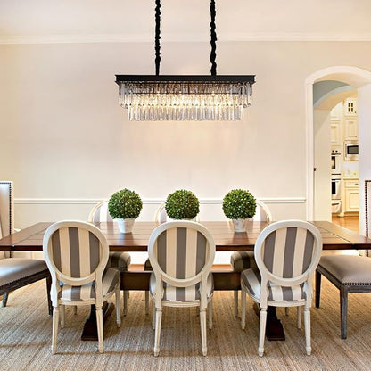 A AXILIXI Crystal Chandelier for Dining Room,Rectangular Black Chandelier Modern Rectangle Pendant Light Fixtures for Kitchen Island L33” K9 Contemporary Long Chandelier