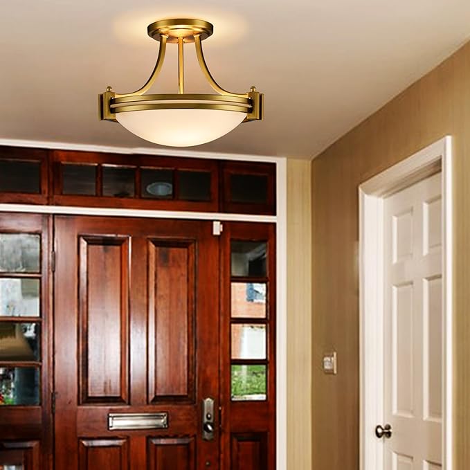12-Inch Gold Semi Flush Mount Ceiling Light Milk Glass Light Fixture Mid Century Modern 2-Light Brass Glass Ceiling Light for Hallway Bedroom Foyer