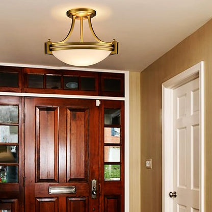 12-Inch Gold Semi Flush Mount Ceiling Light Milk Glass Light Fixture Mid Century Modern 2-Light Brass Glass Ceiling Light for Hallway Bedroom Foyer