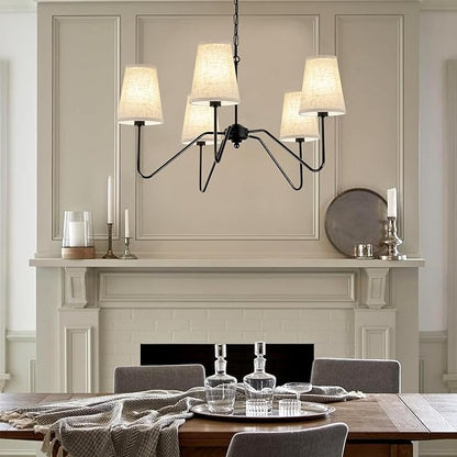 Chandelier with Linen Shade, Black Dining Room Light Fixtures Over Table, Classic Pendant Light Fixtures Ceiling Hanging Lighting for Living Room Bedroom, 5-Arm, 30" Dia