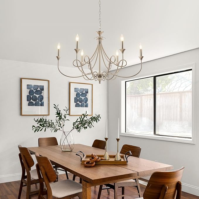 Modern Brushed Nickel Chandelier, 6-Lights Candle Dining Room Light Fixture 36.6in Farmhouse Chandeliers Metal Pendant Lights for Living Room Bedroom Entryway Kitchen Island