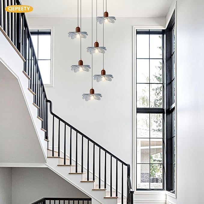 6-Light Blue Glass Flower Chandelier, Adjustable Height Staircase Pendant Light, Modern Mid Century Floral Hanging Ceiling Fixture for Living Room Dining Room Foyer Entryway