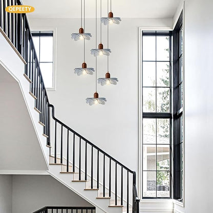 6-Light Blue Glass Flower Chandelier, Adjustable Height Staircase Pendant Light, Modern Mid Century Floral Hanging Ceiling Fixture for Living Room Dining Room Foyer Entryway