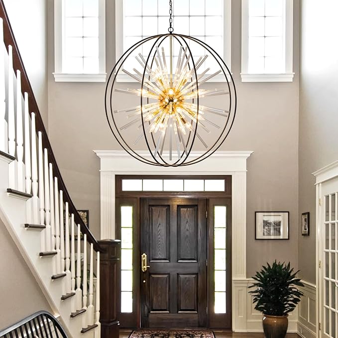 Vezzio 35" Black and Gold Chandelier for Entry Chandeliers for High Ceilings Large Globe Crystal Pendant Lights for Entryway Foyer Stairway Hallway Dining Room Living Room