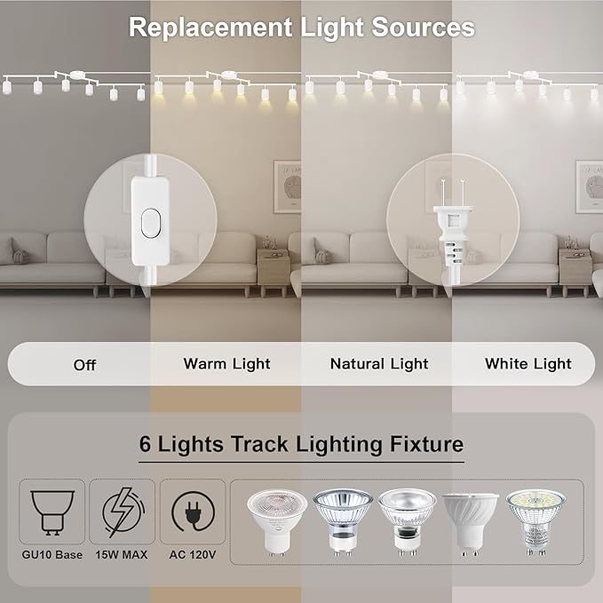 Track Lighting Plug in, LED Track Lighting Fixtures Ceiling Kit, White 6-Light Ceiling Light Plug-in, Wall Light with 14.8ft Power Cord, Rotatable Kitchen Spotlight for Bedroom(GU10 Socket, NO Bulb)