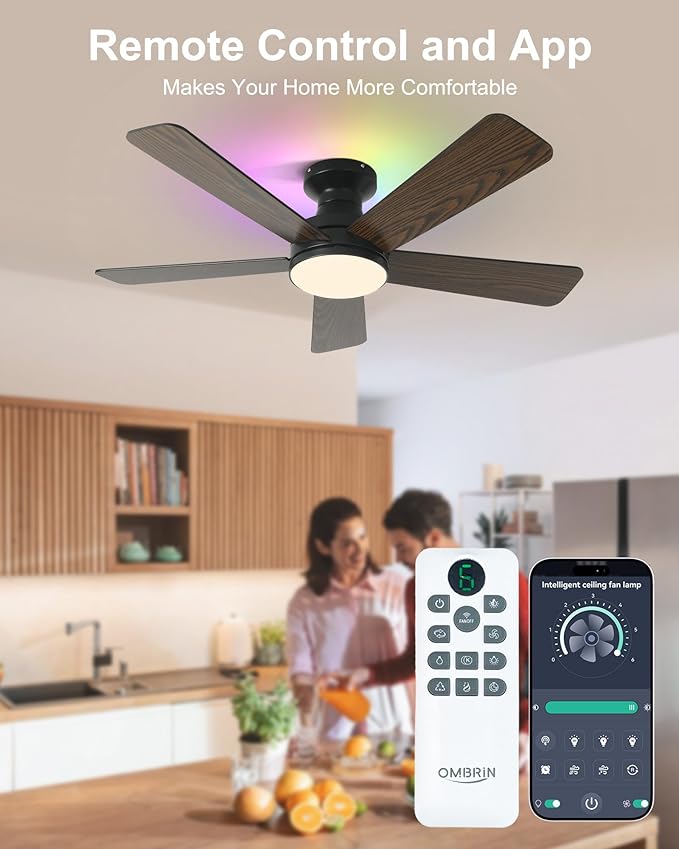 42 Inch Ceiling Fan with Lights, RGB Ceiling Fan with Light, App & Remote Control, Flush Mount Low Profile, Reversible, 3CCT, Dimmable LED, Noiseless, Black Ceiling Fan for Bedroom