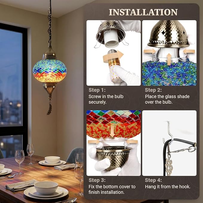 Turkish Moroccan Mosaic Pendant Light - Handcrafted Tiffany Style Swag Lamp with 15ft Cord, Vintage Glass Ceiling Fixture Lighting for Mediterranean Decor (Multicolor2)