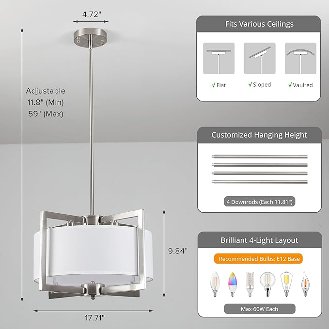 4-Light Modern Chandelier for Dining Room, 18'' Drum Pendant Light Fixture Chandelier with Fabric Shade, Farmhouse Chandeliers Hanging Lighting Fixtures for Foyer Entryway Living Room, Brushed Nickel