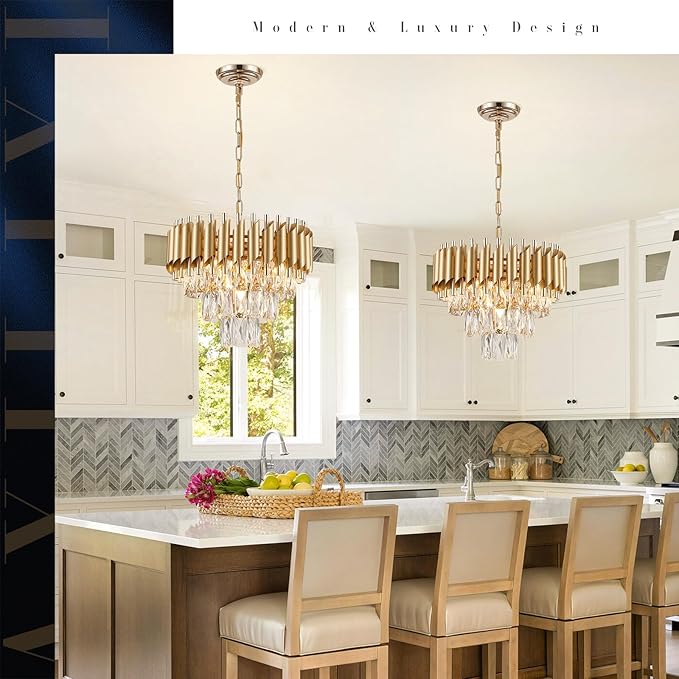 AXILIXI Gold Crystal Chandeliers 16” Modern Ceiling Pendant Light Fixture for Dining Room 3 Tiers Dimmable Round Flush Mount Chandeliers for Living Room Foyer Bedroom Kitchen